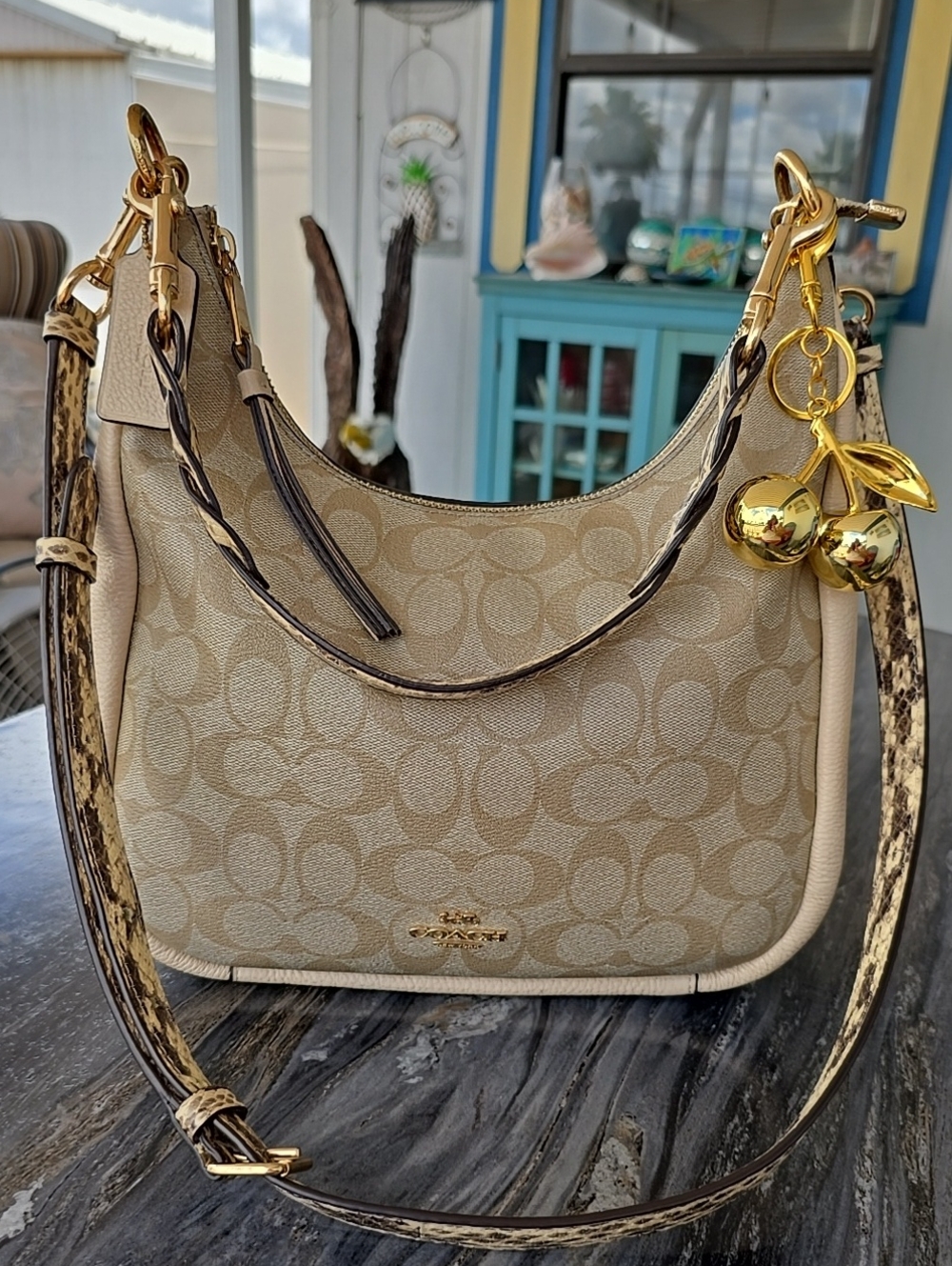 Coach EUC 2002 Beige/Cream Signature Canvas Snake Print Shoulder Strap & Braided